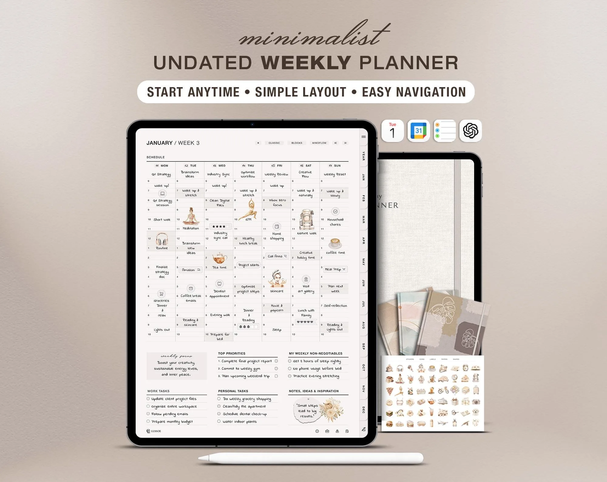 Undated Minimalist Weekly Digital Planner for GoodNotes & iPad | Weekly Monthly Organizer | Productivity Template