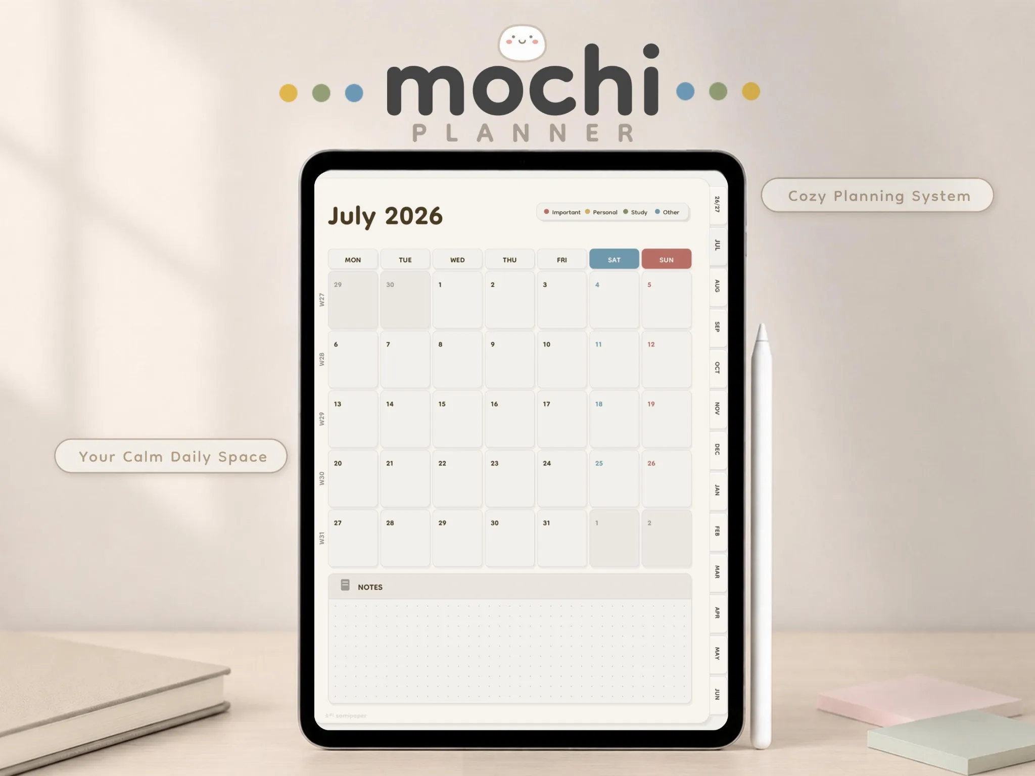2026–2027 Midyear Digital Planner for iPad | Mochi Planner | Daily, Monthly, Goals and Notes